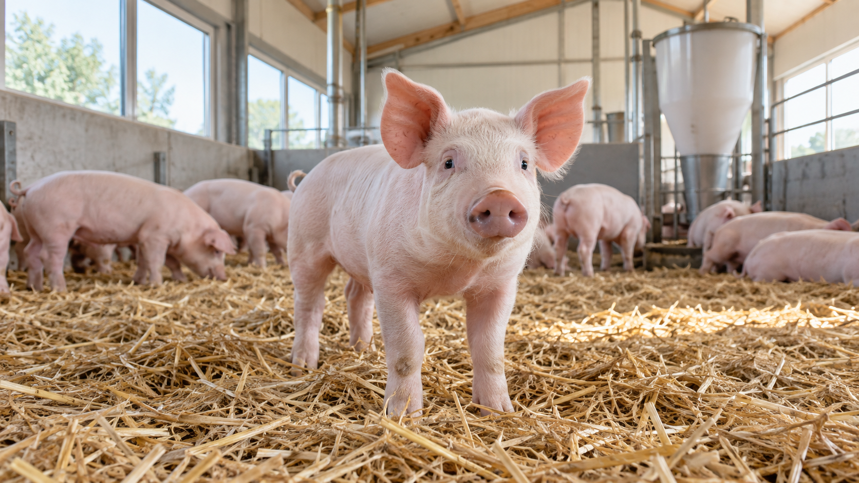 Junges Schwein auf Einstreu in einem hellen Stall mit weiteren Schweinen im Hintergrund